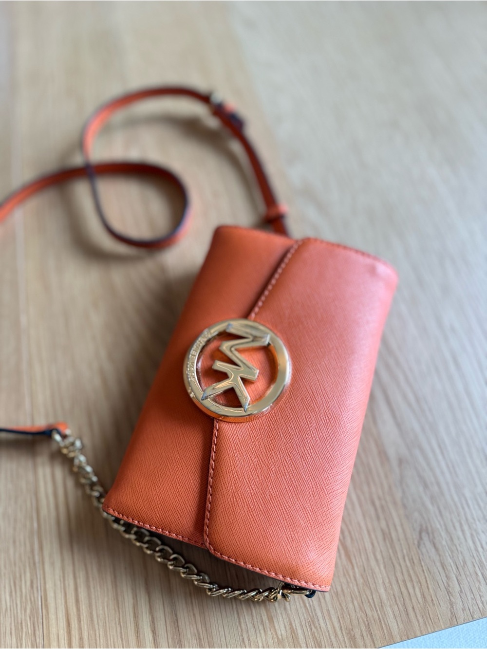 Michael Kors Orange Saffiano Crossbody with Gold MK Emblem